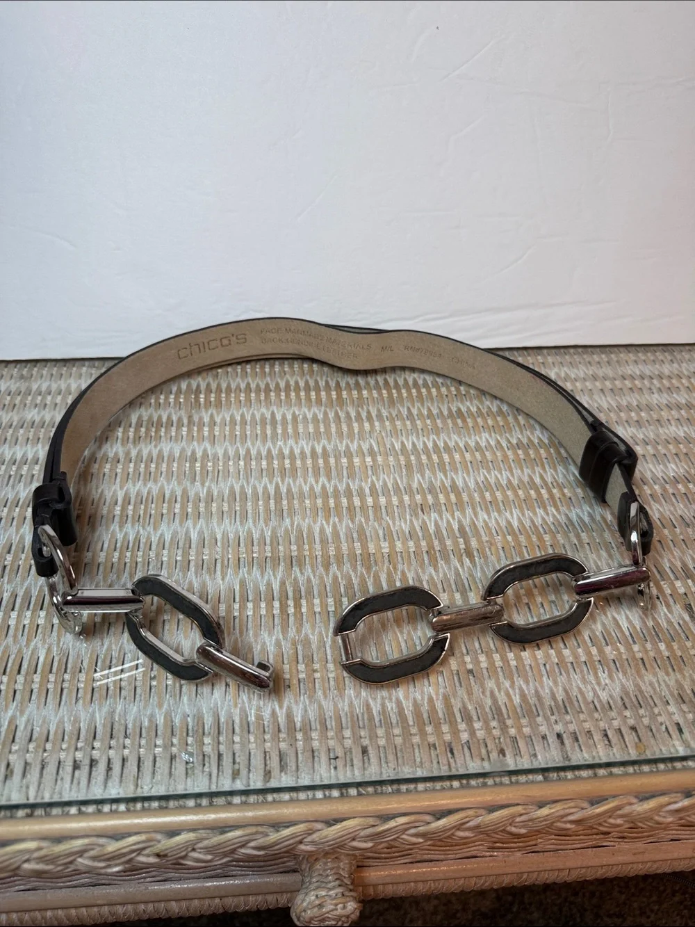 Vintage Chico’s Macara Slouch Chain Link Belt Silver Tone & Black Leather